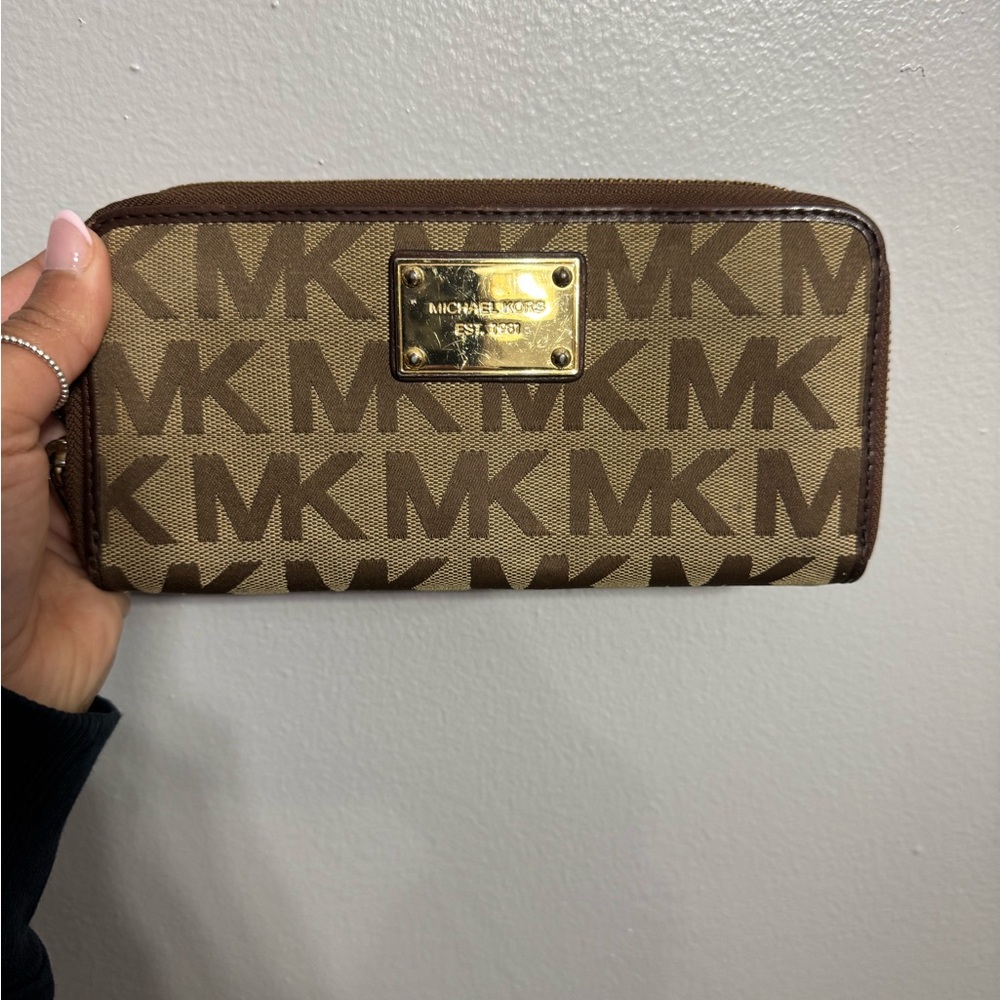 Michael Kors Tan and Brown Logo Zip Wallet